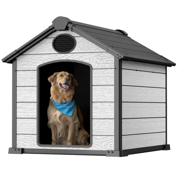 EHHLY 46" Large Dog House Outdoor Weatherproof, Insulated Igloo Dog House with Elevated Floor, 3XL Big Dog House for 2 Large Dogs Outside, Extra Durable Resin Plastic, 46"Lx40"Wx40"H, Cemented Grey