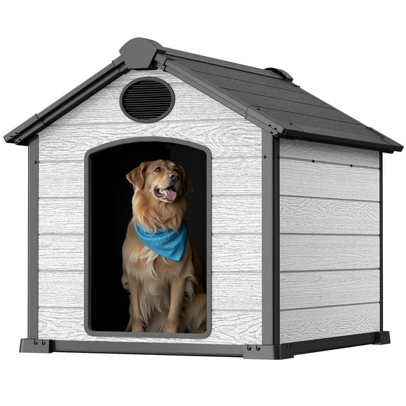 EHHLY 46" Large Dog House Outdoor Weatherproof, Insulated Igloo Dog House with Elevated Floor, 3XL Big Dog House for 2 Large Dogs Outside, Extra Durable Resin Plastic, 46"Lx40"Wx40"H, Cemented Grey