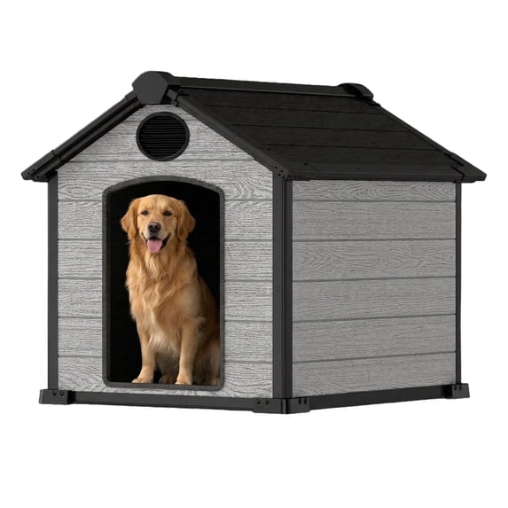 EHHLY Large Dog House Outdoor, Extra Large 46" Insulated Igloo Design with Elevated Floor, For Large Dogs with Spacious Interior, Cement Grey