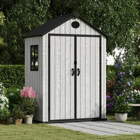 EHHLY 5.3x3.4 FT Resin Outdoor Storage Shed, 135 Cuft Garden Tool Sheds & Outdoor Storage Plastic Shed with Floor, 7FT Tall Backyard Outside Lawn Mower Storage Shed with Side Window, Cemented Grey
