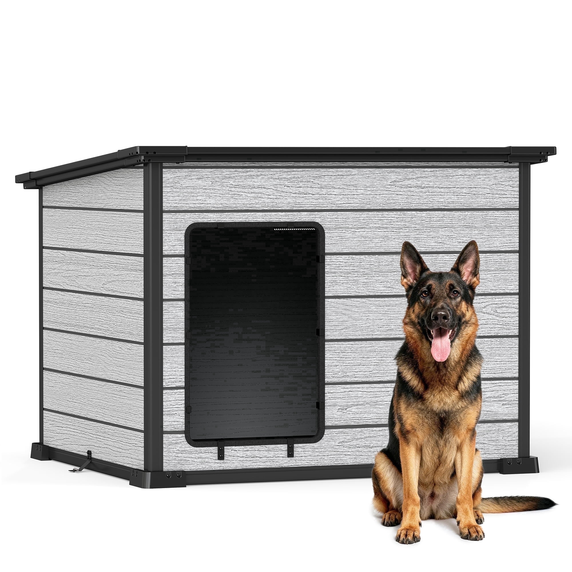 EHHLY 50" Large Dog House Outdoor, Weatherproof Insulated Plastic Dog House with Floor & Ventilation, Slanted Roof Dog House Indoor Outdoor,4057L,Cemented Grey(50*42*37'')