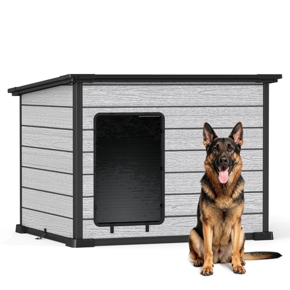 EHHLY 50" Large Dog House Outdoor, Weatherproof Insulated Plastic Dog House with Floor & Ventilation, Slanted Roof Dog House Indoor Outdoor,4057L,Cemented Grey(50*42*37'')