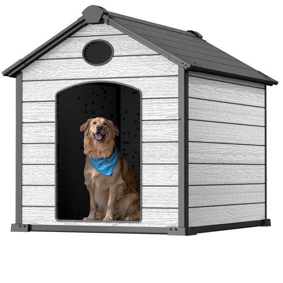 EHHLY 57" Extra Large Dog House Outdoor, Weatherproof Insulated Igloo Pet Shelter for 2 Large Dogs, Elevated Floor Durable Resin Plastic, Cement Grey