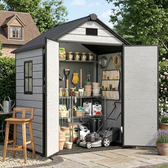 EHHLY 6'x4.4' Resin Outdoor Storage Shed with Floor and Window, Lockable Plastic Garden Shed for Backyard,Garden,Lawn,Cement Gray