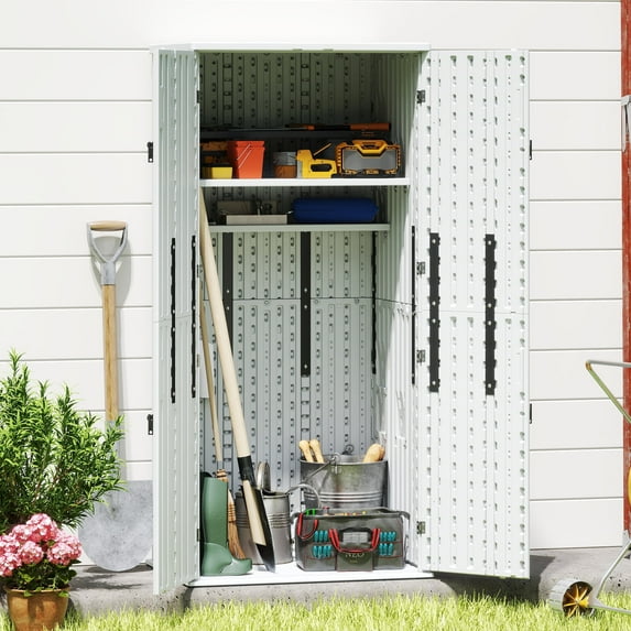 EHHLY Resin Storage Cabinet Outdoor, 28 Cu. Ft. Tall Garden Storage Shed with 4 Adjustable Shelves, Lockable Waterproof Utility Organizer for Patio Backyard, White