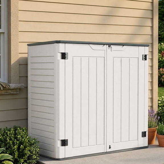 EHHLY 35 Cu.ft Outdoor Storage Shed with Floor, Horizontal Weatherproof Resin Cabinet for Patio, Garden Tools, Pool Supplies, White