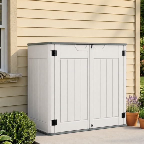 EHHLY Horizontal Resin Storage Shed, 47 Cuft Garden Tool Sheds & Outdoor Storage, Outdoor Plastic Storage Cabinet Waterproof, 4FT Tall Backyard Outside Lawn Mower Storage Shed, White