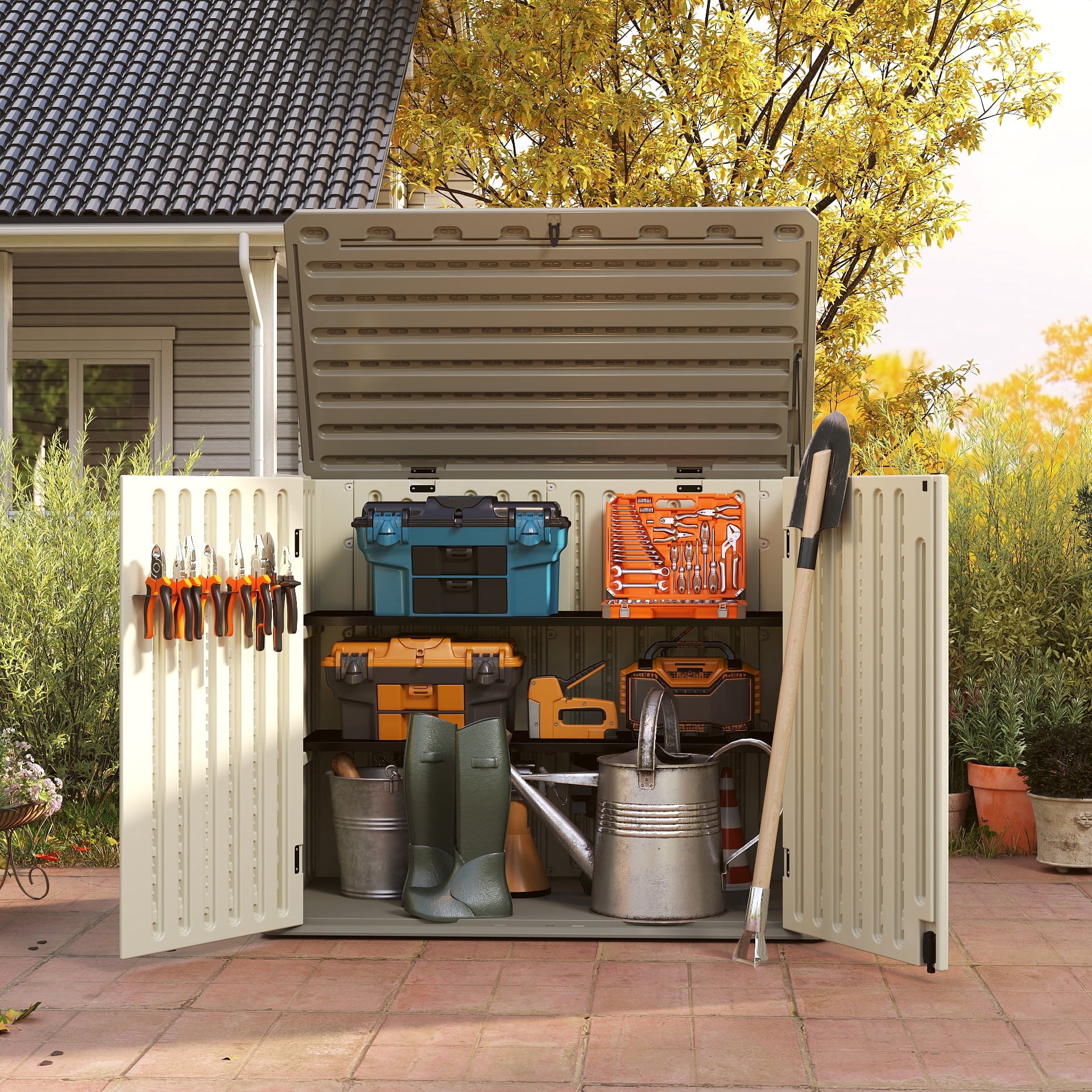 EHHLY Vertical Resin Storage Shed with 2 Shelves, 47 Cuft Garden Tool Sheds & Outdoor Storage, Plastic Outdoor Storage Cabinet Waterproof, 4.5x2.8 ft Backyard Outside Lawn Mower Storage Shed, Vanilla
