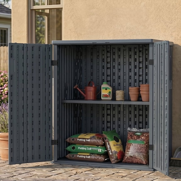 EHHLY Weatherproof Outdoor Storage Cabinet, 14 Cu.Ft. Resin Garage Organizer with 2 Adjustable Shelves & Lock, Utility Closet for Patio, Shed, Kitchen, Sage Grey