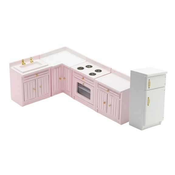EHJRE 1/12 Dollhouse Mini Furniture Kitchen Set Cooking Table Cabinet Model for 3+ Pink