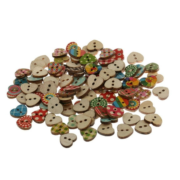 EHJRE 100 Pieces Funky Heart Shaped Mini Wooden Buttons Printed 2 Hole Sewing Buttons