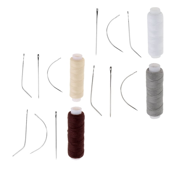 EHJRE 12 Pieces 3 Shapes Needles Threads Set, I + J + C Curved Pins With 4 Colors Cotton Thread For Wig Making, Blocking Knitting, Modelling And Crafts