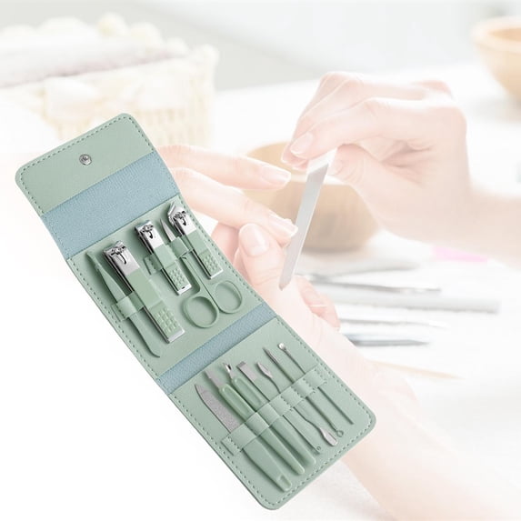 EHJRE 12Pcs/Set Portable Manicure Set, Ear Spoon, Scissors, for Men Women Nail Clipper Kit Nail Files with PU Leather Bag Sharp Tweezers , Green