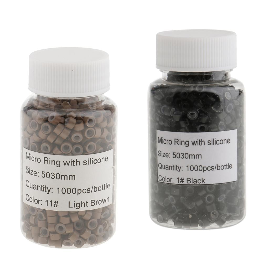 EHJRE 2 Bottles Silicone Links Rings Beads for Hair Extensions Tool, Two Colors( Light Brown/Black), 1000Pcs In Each Bottle