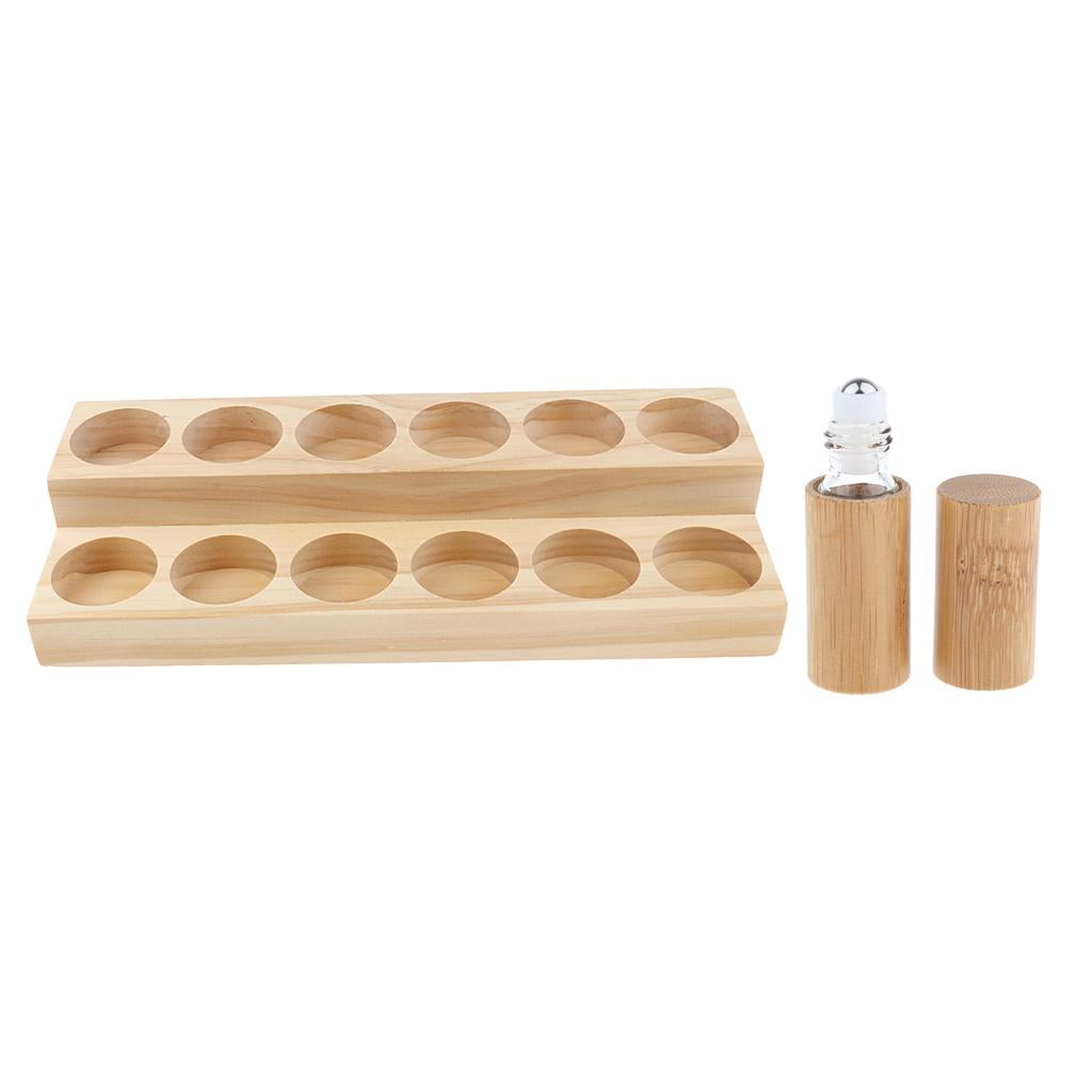 EHJRE 2 Tiers Wooden Essential Oil Aromatherapy Perfume Display Rack Shelf Stand + 5ml Cosmetic Makeup Travel Refillable Empty Roller Ball Bottle