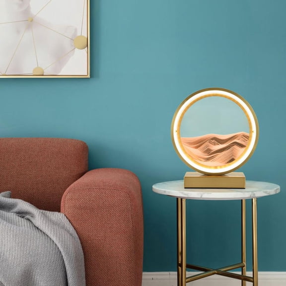 EHJRE 3D Quicksand Table Lamp Moving Sands Art Picture Round Dimmable Desk Room Bedroom Desktop Decor , Gold Gold