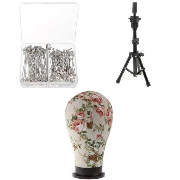 EHJRE Adjustable Wig Head Stand Tripod Holder Stand, Wigs Making Cork Canvas Block Mannequin, 150 T Shape Needle Pins Set For Practice Training Wig Making