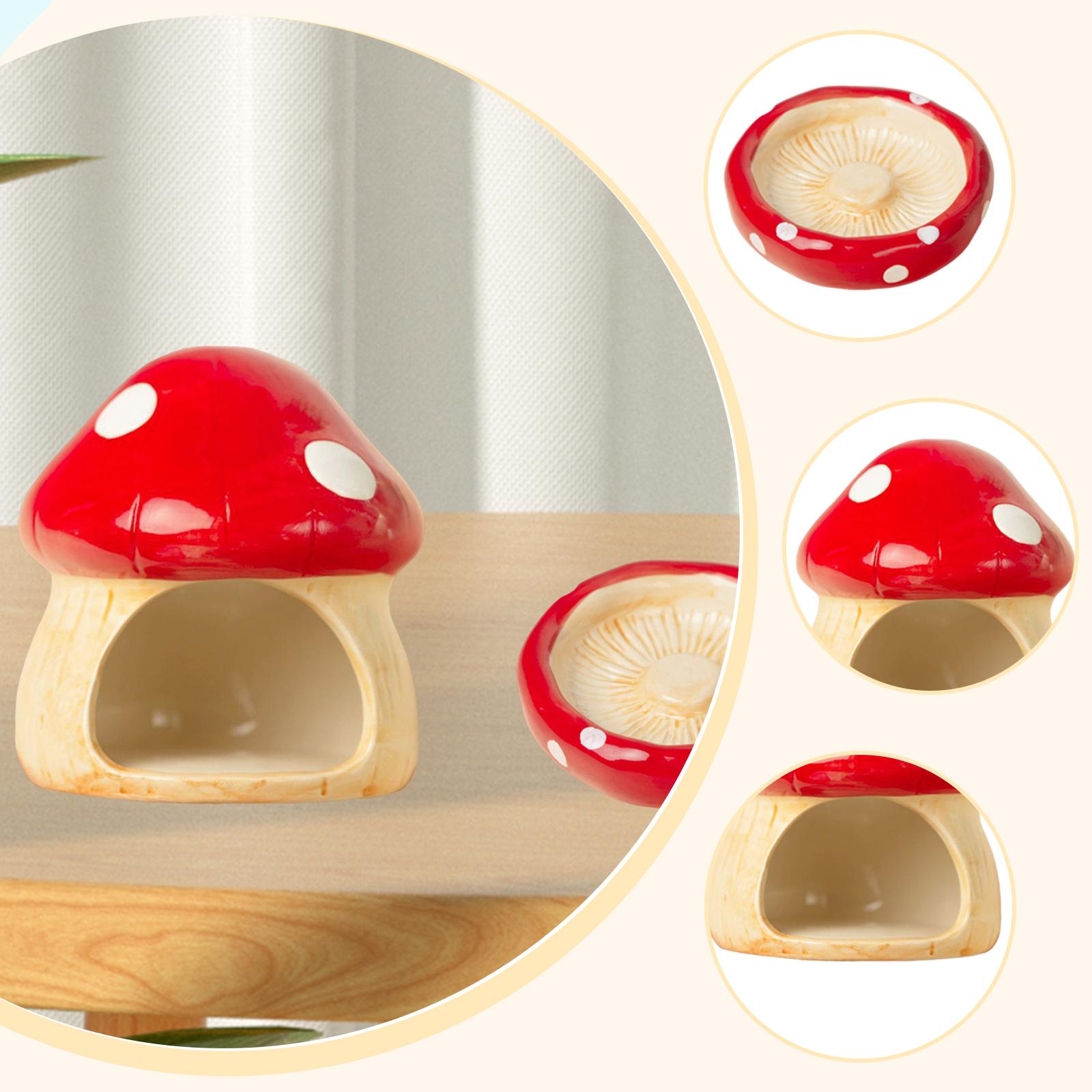 EHJRE Ceramic Hamster House Small Animal Hideout Cave Indoor with Food Feeding Bowl Mushroom Shaped for Hedgehog Small Animals Rats Red