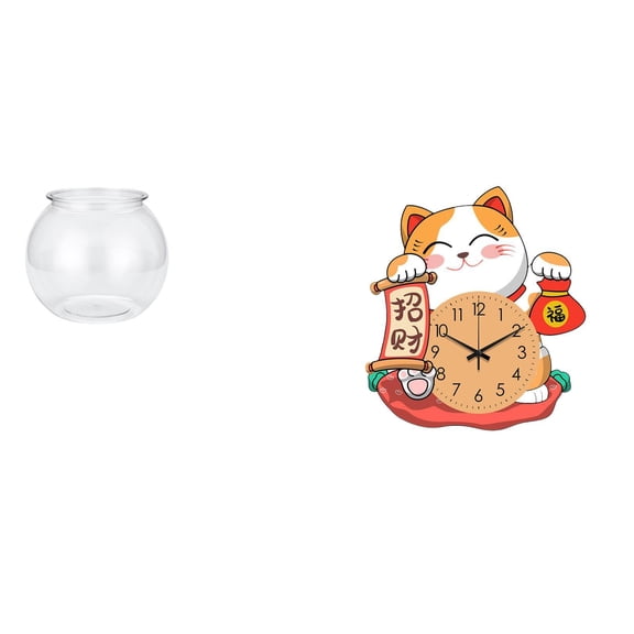 EHJRE Desktop Aquarium Tank Transparent Fish Bowl Vase Wall Clock Silent Non Ticking Cat Clock Artistic Design PP Material Suitable for Coffee Table Dining