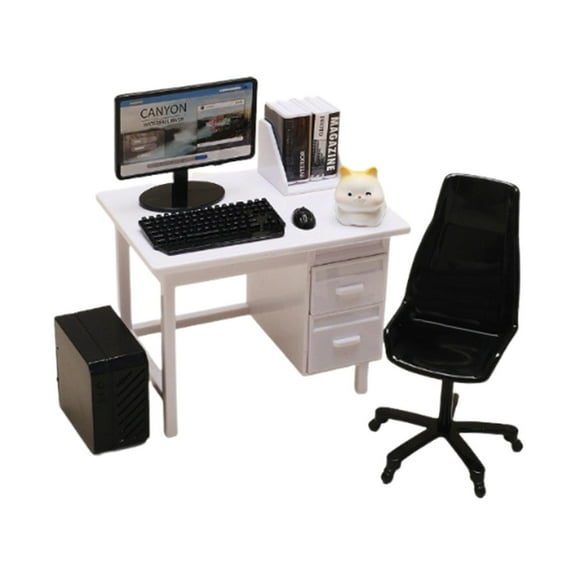 EHJRE Doll House Decoration Decorative Office Furniture Set Miniature Computer Set White Desk