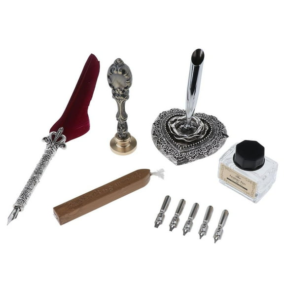 EHJRE Feather Pen, Quill Pen Metal Carved Nibbed Pen, 5 Nibs, Ink Bottle, Red