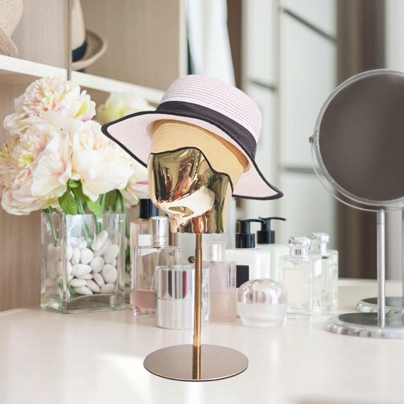 EHJRE Hat Display Stand Mannequin Head Model Adjustable Height Metal Base Height 45-58cm for Shopping Mall Salon Business Hats Caps gold