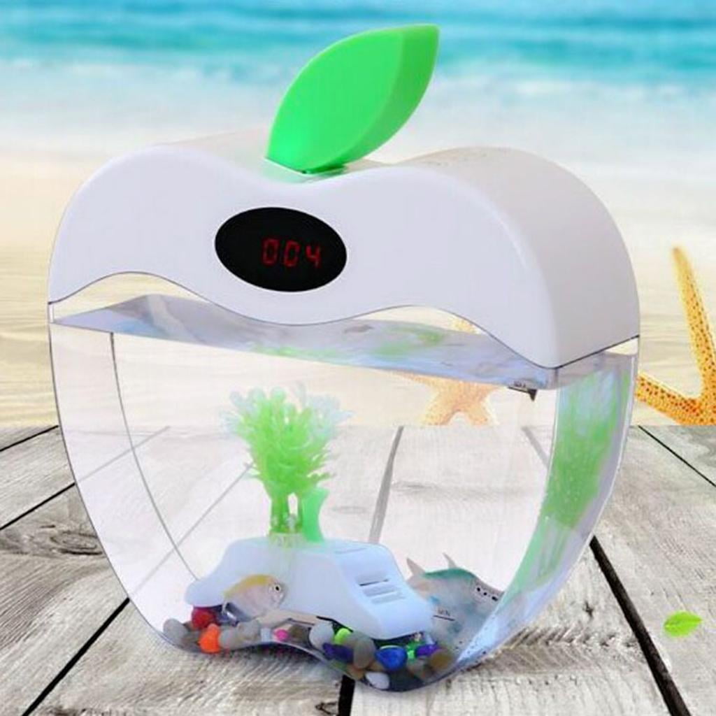 EHJRE Home Office Creative Decoration USB Charge Mini Fish Tank Desk Transparent Aquarium Tank With LED Clock, Decorative Pebbles, And Artificial Plant