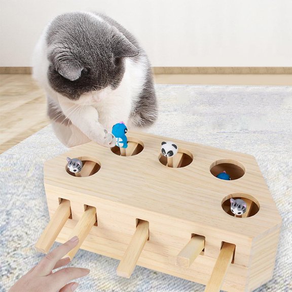 EHJRE Interactive Toy Wooden Solid Game Box Funny Kitten Puzzle Toy for Indoor Cats Catch Mice - 5 Holes
