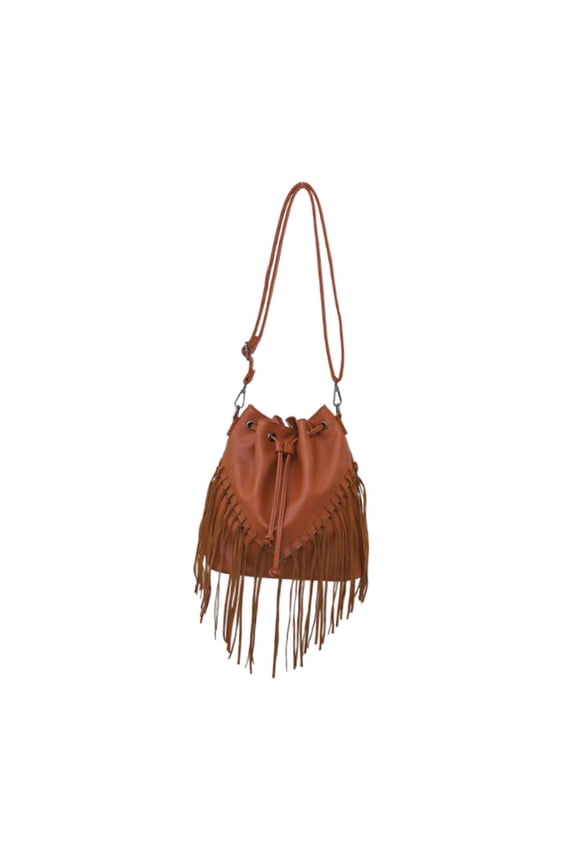 Large Capacity PU Leather Handbag Bucket Bag with Drawstring Adjustable Shoulder Brown