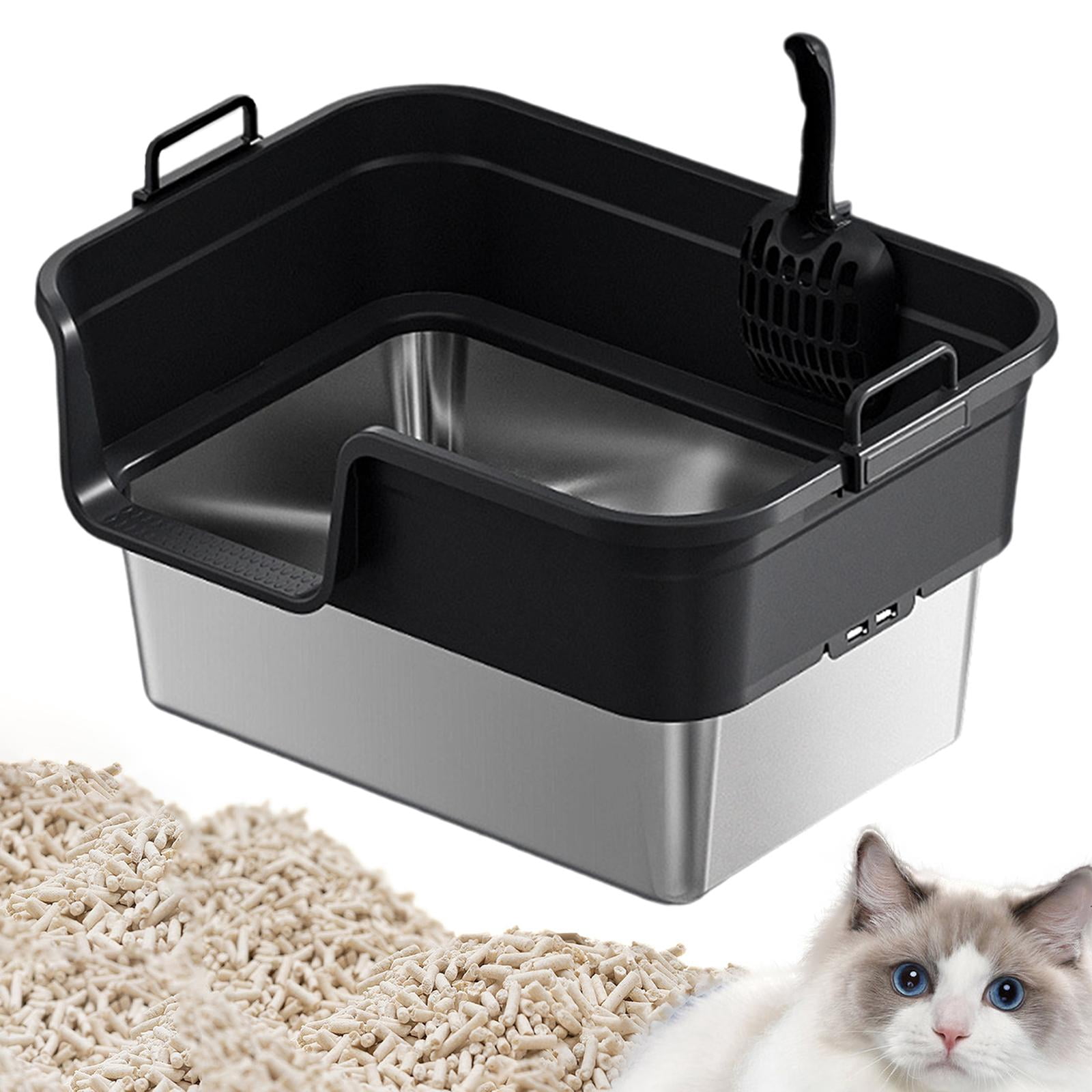 EHJRE Large Cat Litter Box Litter Pan Heightening, Semi Enclosed for Small Large Cats High Sided Sturdy, Anti Splashing, Cat Toilet Black