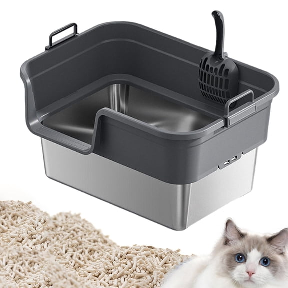 EHJRE Large Cat Litter Box Litter Pan Heightening, Semi Enclosed for Small Large Cats High Sided Sturdy, Anti Splashing, Cat Toilet Dark Gray