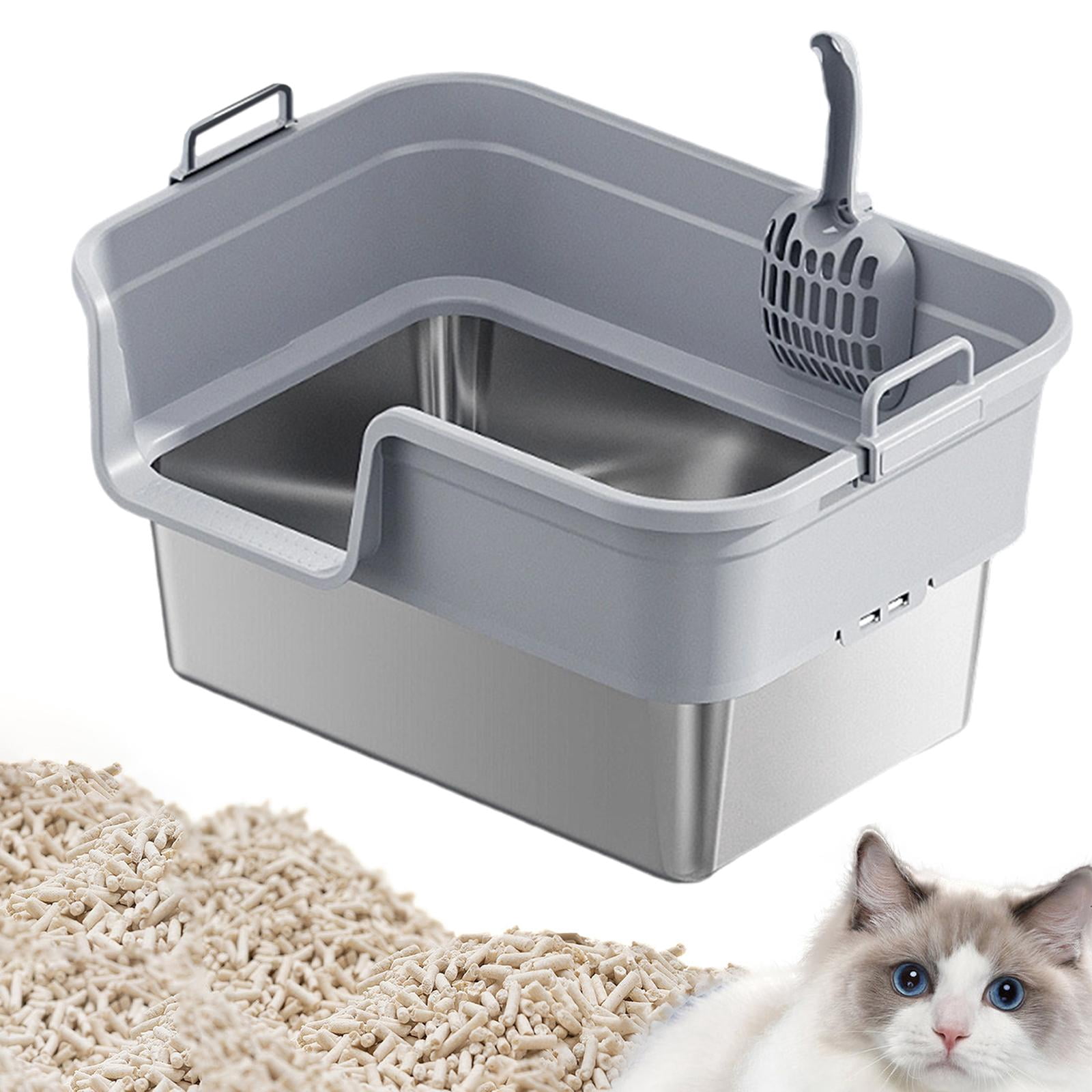 EHJRE Large Cat Litter Box Litter Pan Heightening, Semi Enclosed for Small Large Cats High Sided Sturdy, Anti Splashing, Cat Toilet Light Gray