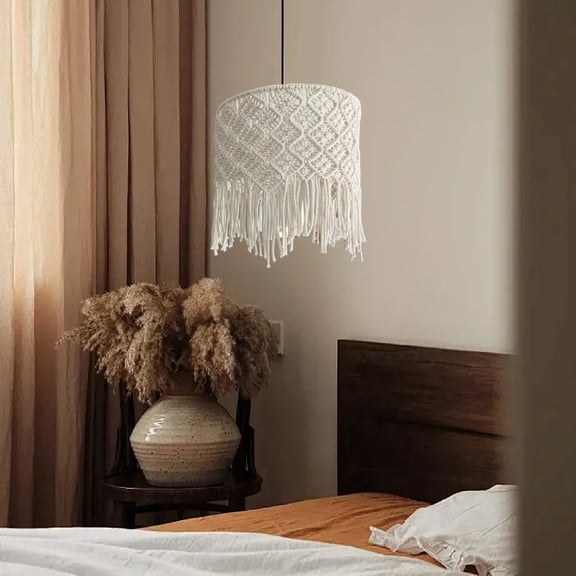 EHJRE Macrame Lampshade, Light Bulb Protector, Woven Socket, Boho Hanging Lamp Cover with Tassel for Chandelier, Lighting, Bathroom, Dorm Style B