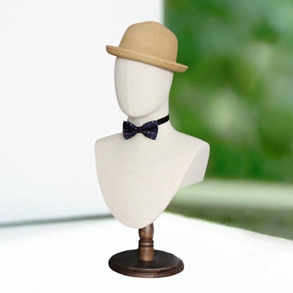 EHJRE Mannequin Head with Shoulder Hat Rack Wig Display Holder Jewelry Organizer Cloth Wood Adjustable Height Stable Stand Suitable for Salons Home Stores Barbershops beige