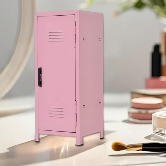 EHJRE Mini Cosmetics Organizer Iron Cabinet 10.5x10.5x27cm Sturdy for Bedroom Office Dustproof Versatile Storage Box with Flip Door Pink