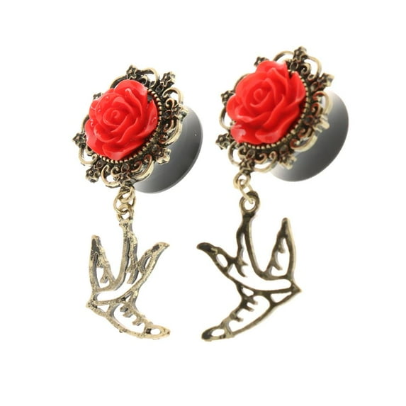 EHJRE Pair Vintage Sparrow Dangle Ear Tunnels Expander Gauges Piercing Red 25mm