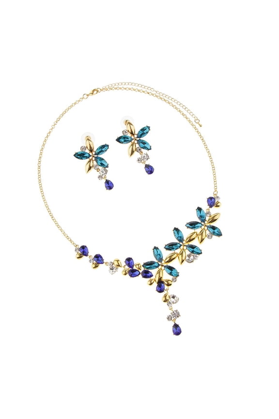 Rhinestone Crystal Flower Necklace Earrings Jewelry Set for Wedding Dress - Blue