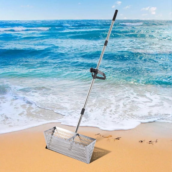 EHJRE Sand Rake Wide Basket Sifter Long Handle Heavy Duty Sifting Easy Cleanup No Bending Cat Scooper Deep Scoop Cat Litter Scoop Silver