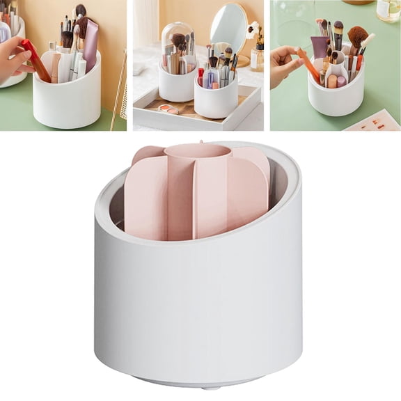 EHJRE Simple Rotating Makeup Brush Holder 6 Slots Multifunctional Vanity Storage Box Container for Comb Nail Polish Bathroom Rack Dresser , Pink no Lid, 12x12xcm Option 6