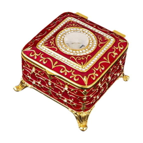 EHJRE Square Jewelry Box Small Trinket Box High End European Small Metal Decorative Jewelry Box Keepsake Gift Box Case for Necklace Gold Red