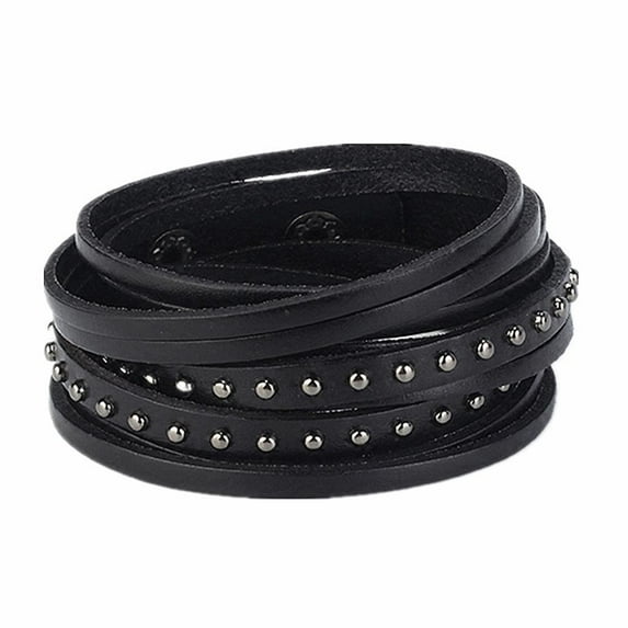 EHJRE Vintage Cuff Leather Bracelet Bangle Wristband Multilayer Wrap Casual 44cm Black