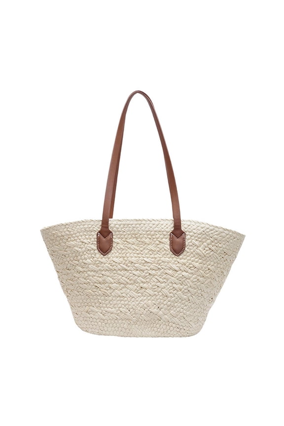 Woven Shoulder Bag Casual Travel Purse Beach Tote for Shopping Travel Street White