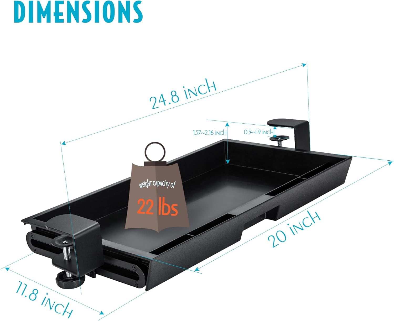 EHO Under Desk Slide-Out Storage Drawer, Large 20" x 11.8" Clamp-On Pull-Out Organizer with Adjustable Height, Space-Saving Tray for Office Supplies and Accessories