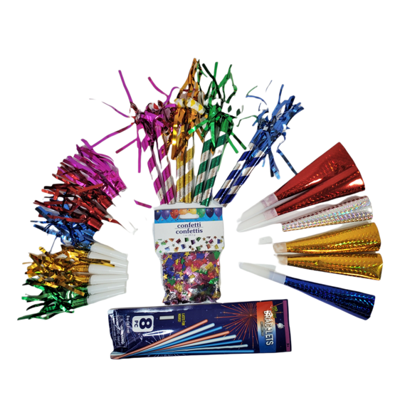 EHOME Birthday Party Noise Makers Celebrate Kids Happy Birthday 34 Piece Squawkers, Horns, Blowouts, Glow Bracelets and Confetti