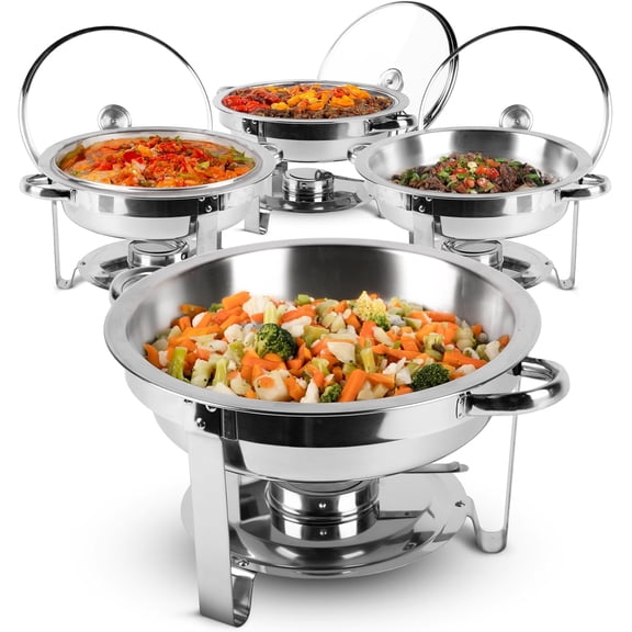 EHOMEA2Z Round Chafing Dish 5 QT Buffet Servers and Warmers, Chaffing Servers with Covers, Catering, Chafer, Folding Stand, Food Warmer for Parties Buffets (4)