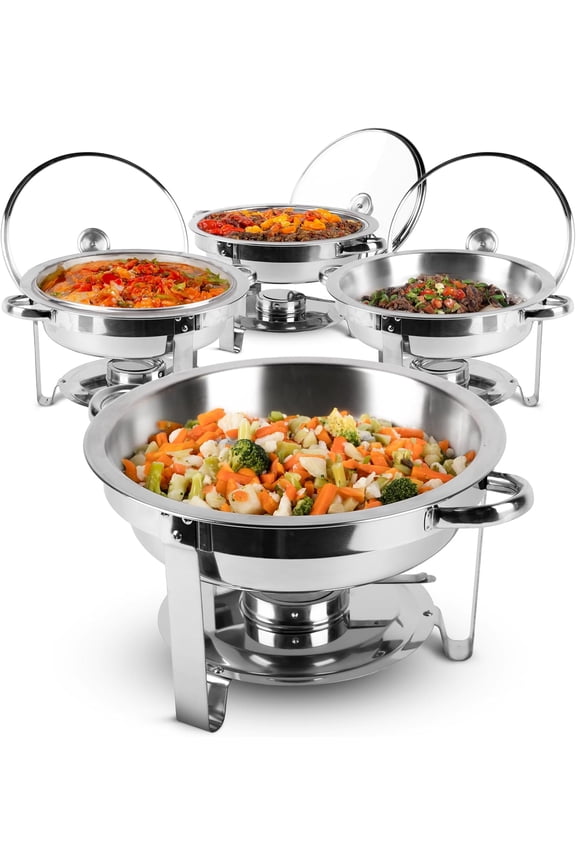 Round Chafing Dish 5 QT Buffet Servers and Warmers, Chaffing Servers with Covers, Catering, Chafer, Folding Stand, Food Warmer for Parties Buffets (4)