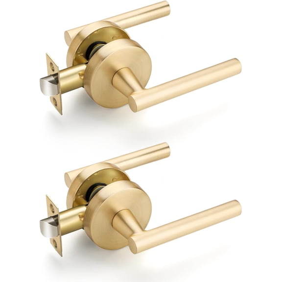 EHOMEWARE 2 Pcs Gold Door Handles, Satin Brass Door Knobs Interior, Passage Door Knobs Heavy Duty Constructions, Keyless Hallway Closet Door Knobs, Modern Door Levers