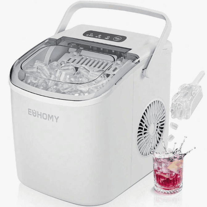 EHOMY Countertop Ice Maker Machine With Handle, 26lbs Per Day, 9 Ice Cubes Ready In 6 Mins, Auto-Cleaning Portable Ice Maker With Basket And Scoop, For Home/Kitchen/Camping/RV (White)