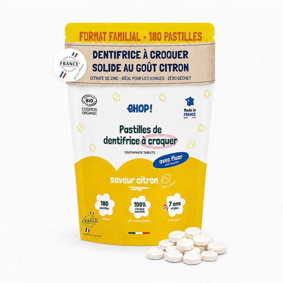 EHOP Lemon Toothpaste Tablets, 180 Chewable Teeth Cleaning Tabs, Travel Friendly Mouth Care, Space-Saving Dental Routine, Made in France, Lemon, Pack of 180