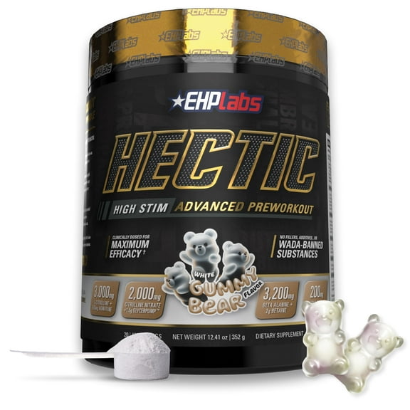 EHP Labs Hectic PreWorkout - High Stim Advanced Pre Workout Powder For Max Performance - Caffeine, Beta Alanine, Coconut Water - Energy, Pump, Recovery & Hydration - 40 Serves (White Gummy)